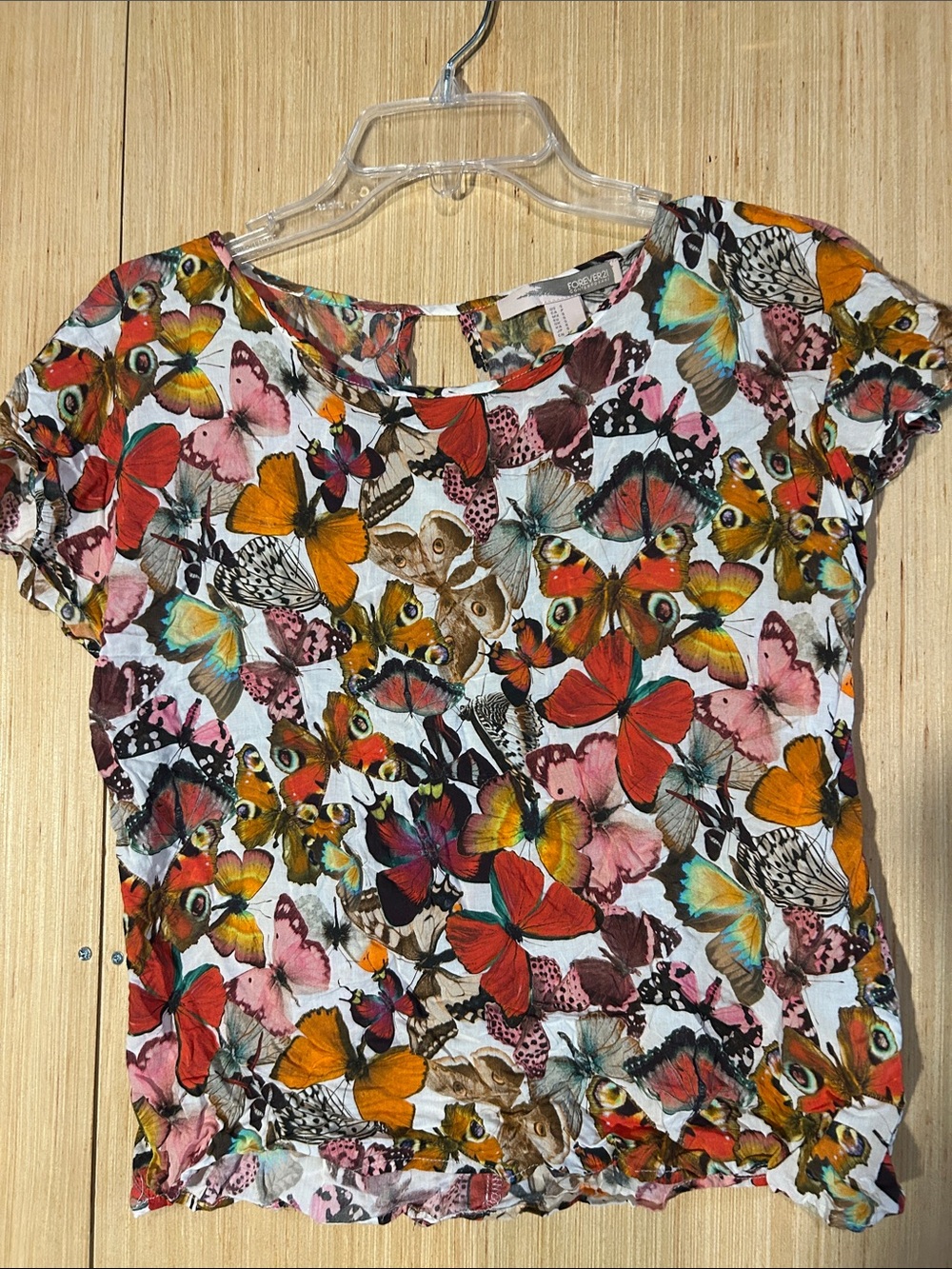 Forever 21 White Short Sleeve Tee with Colorful Butterfly Print
